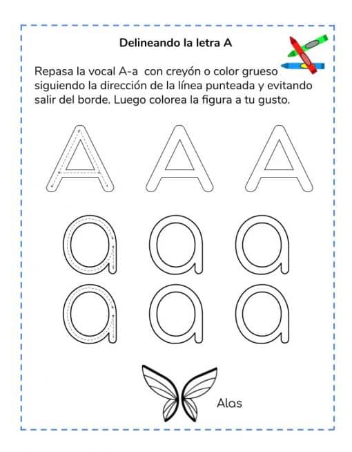 Iniciando en el ABC presenta varias letras punteadas del "abecedario" para trazar y una imagen de mariposa en la parte inferior para colorear, acompañada de instrucciones en español sobre cómo trazar y colorear.