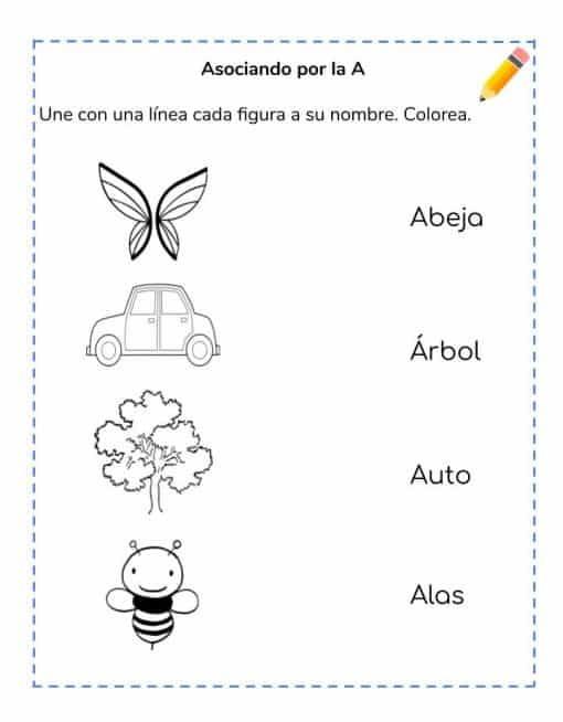 Hoja de trabajo educativa titulada "Iniciando en el ABC: asociando por la a" que presenta imágenes de un automóvil, alas, una abeja y un árbol con las palabras en español correspondientes enumeradas: abeja, árbol, auto junto a ellas para realizar actividades de unir y colorear.