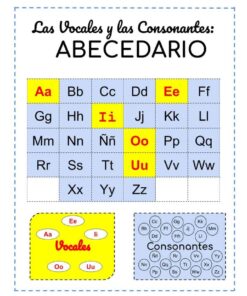 Póster educativo que muestra el Abecedario, incluidas vocales y consonantes con ejemplos resaltados en un colorido formato de cuadrícula. El título dice 