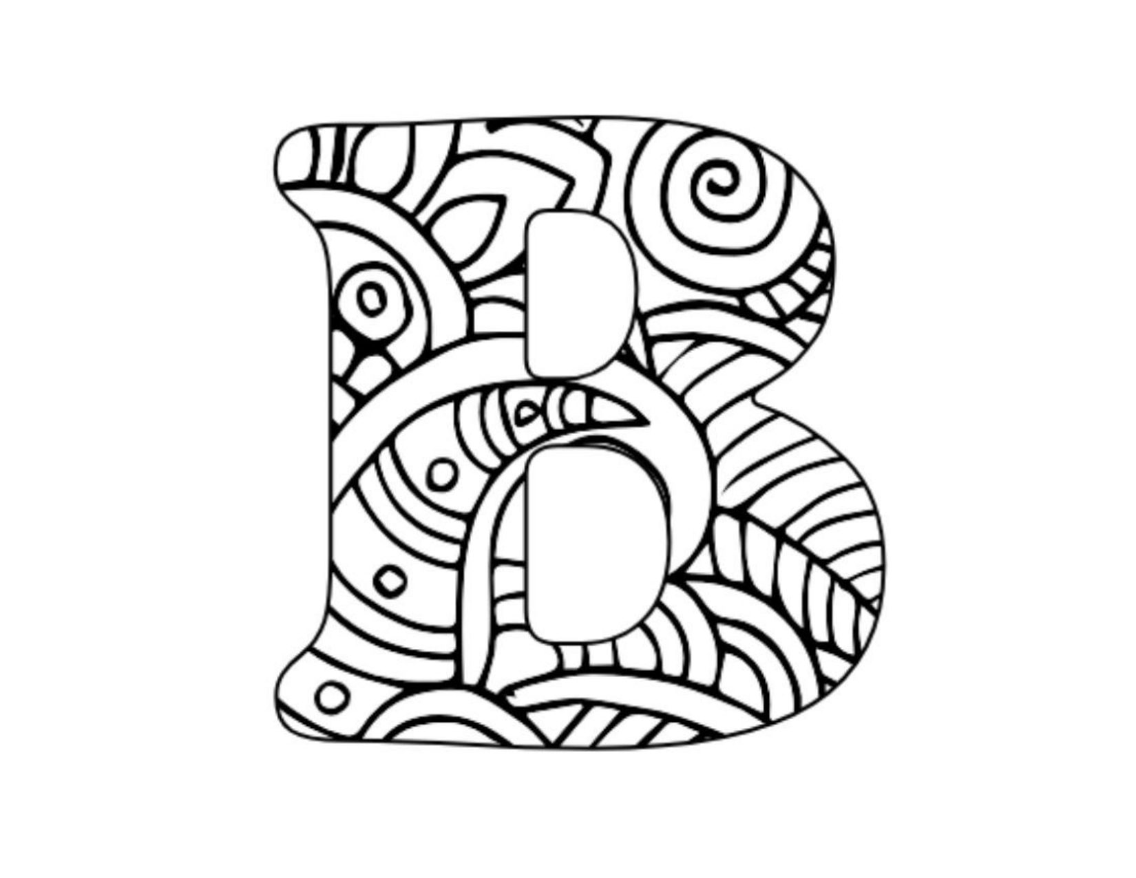 MANDALAS PARA COLOREAR ABECEDARIO 3 Una letra "B" grande y audaz llena de intrincados garabatos en blanco y negro, como remolinos, hojas, puntos y formas abstractas sobre fondo blanco.