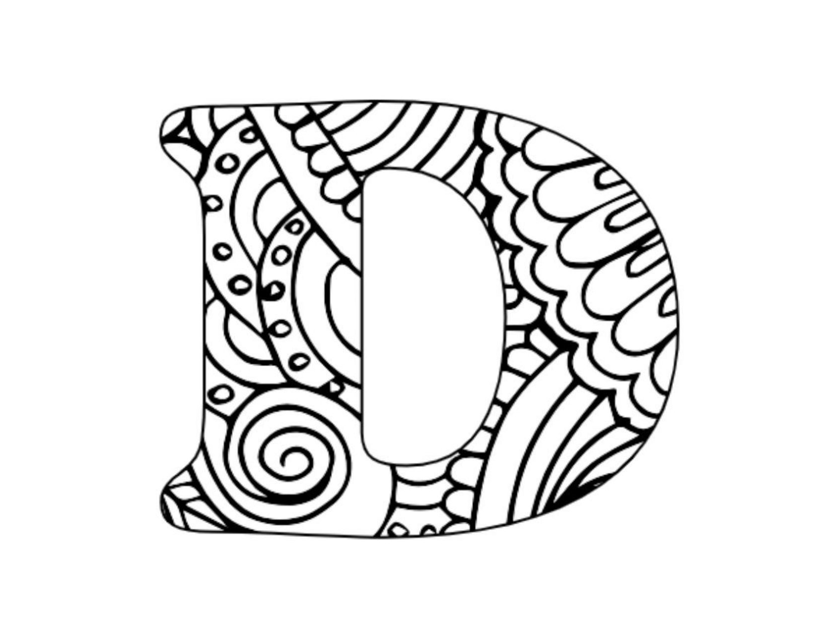 MANDALAS PARA COLOREAR ABECEDARIO 5 La letra "D" delineada en negro, llena de intrincados garabatos que incluyen remolinos, puntos, curvas y ondas sobre un fondo blanco.