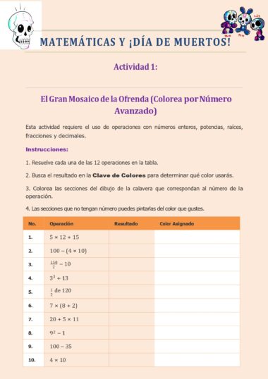 Hoja de ejercicios de matemáticas con ilustraciones de calaveras. Indica a los alumnos que resuelvan problemas matemáticos, utilicen una clave de color para cada respuesta y coloreen un mosaico. Una tabla enumera 12 operaciones con espacios para resultados y colores.