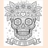 MATEMÁTICAS Y DÍA DE MUERTOS, ACTIVIDADES PARA SECUNDARIA 8 Ilustración en blanco y negro de una calavera de azúcar del Día de los Muertos decorada con flores y motivos ornamentales, con una pancarta en la parte inferior que reza