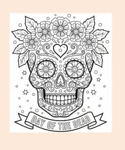 MATEMÁTICAS Y DÍA DE MUERTOS, ACTIVIDADES PARA SECUNDARIA 8 Ilustración en blanco y negro de una calavera de azúcar del Día de los Muertos decorada con flores y motivos ornamentales, con una pancarta en la parte inferior que reza