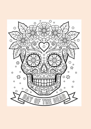 Ilustración en blanco y negro de una calavera de azúcar del Día de los Muertos decorada con flores y motivos ornamentales, con una pancarta en la parte inferior que reza "Día de los Muertos".