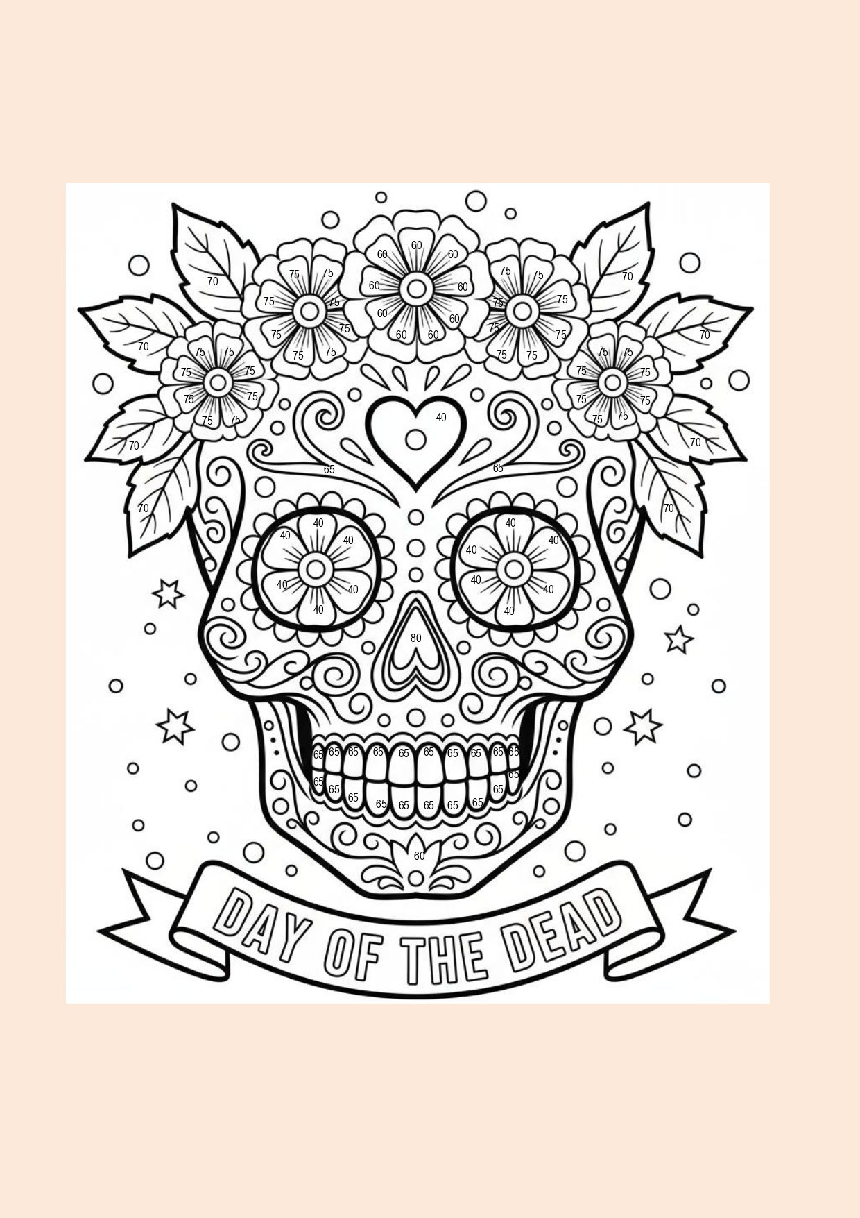 MATEMÁTICAS Y DÍA DE MUERTOS, ACTIVIDADES PARA SECUNDARIA 4 Ilustración en blanco y negro de una calavera de azúcar del Día de los Muertos decorada con flores y motivos ornamentales, con una pancarta en la parte inferior que reza "Día de los Muertos".