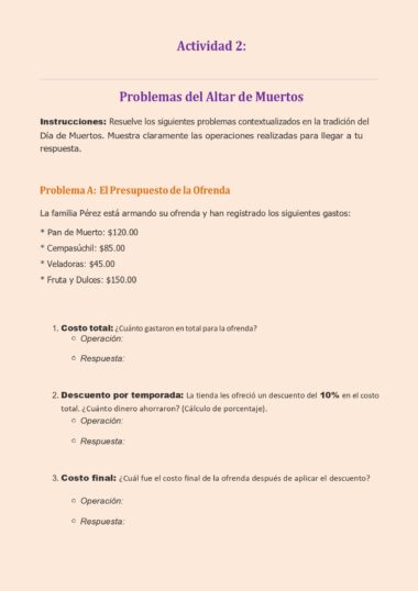 Hoja de ejercicios en español con problemas sobre el Día de Muertos. Incluye instrucciones y un problema sobre el presupuesto de una ofrenda, con precios de artículos como pan, velas y fruta, y preguntas relacionadas.