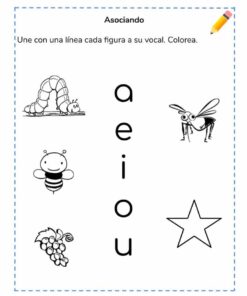 Hoja de trabajo Iniciando en el ABC para niños con ilustraciones de un caracol, un mosquito, una abeja, unas uvas y una estrella emparejadas con las vocales abecedario 