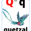 Una colorida ilustración de un pájaro quetzal volando con vibrantes plumas verdes y azules, una 