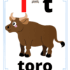Ilustración de un toro marrón con cuernos, junto a una gran 
