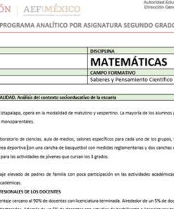 Un documento de la Secretaría de Educación Pública de México describe un programa educativo para matemáticas de segundo grado, similar en profundidad al PROGRAMA ANALITICO MATEMATICAS 2 SECUNDARIA. Las secciones incluyen evaluaciones de los estudiantes, desafíos escolares, participación familiar y comunitaria y condiciones del personal académico.