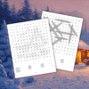 Cálida y acogedora sopa de letras en inglés. 56 Puzzles en letra grande para adultos, actividad divertida para ejercitar el cerebro con soluciones 7 Dos sopas de letras superpuestas sobre una escena invernal con árboles cubiertos de nieve y una cabaña acogedora. La sopa de letras de la izquierda muestra un dibujo de una cabaña y la de la derecha tiene palabras resaltadas.