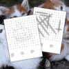 Cálida y acogedora sopa de letras en inglés. 56 Puzzles en letra grande para adultos, actividad divertida para ejercitar el cerebro con soluciones 8 Dos juegos de palabras con un diseño de gato, superpuesto sobre un fondo de gatitos peludos con pelaje naranja y blanco. Los juegos contienen palabras como
