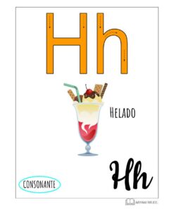 Ilustración de la letra 'H' del Aprendo el Abecedario. Ilustrado con la palabra 'Helado' debajo de una imagen de un helado colorido, etiquetado como consonante en español.