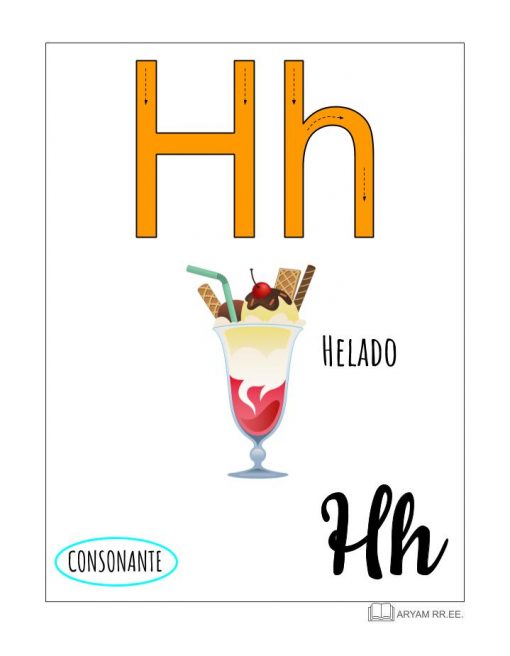 Ilustración de la letra 'H' del Aprendo el Abecedario. Ilustrado con la palabra 'Helado' debajo de una imagen de un helado colorido, etiquetado como consonante en español.