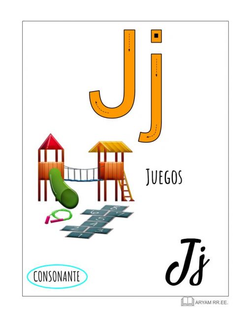 Una tarjeta educativa de Aprendo el Abecedario para la letra "J" que muestra una "J" amarilla grande y la palabra "Juegos" con una divertida ilustración de un tobogán y una casa de juegos.