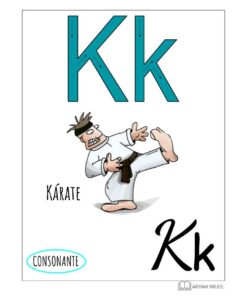 Ilustración de la letra 'K' de 'Karate'. Presenta un personaje con uniforme de kárate realizando una patada, con letras grandes 