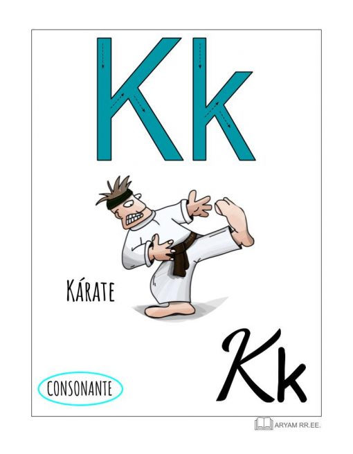 Ilustración de la letra 'K' de 'Karate'. Presenta un personaje con uniforme de kárate realizando una patada, con letras grandes "Kk" y la palabra "Karate" etiquetada debajo. El texto en la parte inferior dice "Aprendo el Abecedario. Ilustrado