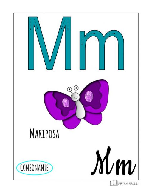 Póster educativo en el que aparece la letra "M" con la palabra "Mariposa" y una ilustración de una mariposa de color morado. El fondo del Aprendo el Abecedario. Ilustrado dice "ABECEDARIO" en texto negro.