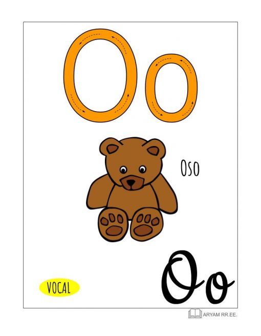 Una tarjeta educativa de Aprendo el Abecedario. Ilustrado con la letra "O" en la parte superior en mayúsculas y minúsculas, presentando una ilustración de un oso pardo con la etiqueta "Oso". La palabra "VOCAL" está resaltada en la parte inferior.