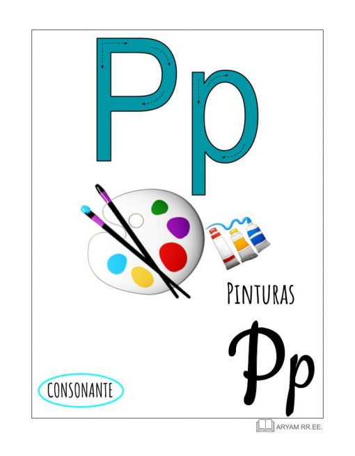 Un cartel educativo del Aprendo el Abecedario. Ilustrado con la letra "P" con imágenes de una paleta de pintura, pinceles y tubos de pintura. El texto dice "Pinturas Pp" y "Consonante" en la parte inferior.