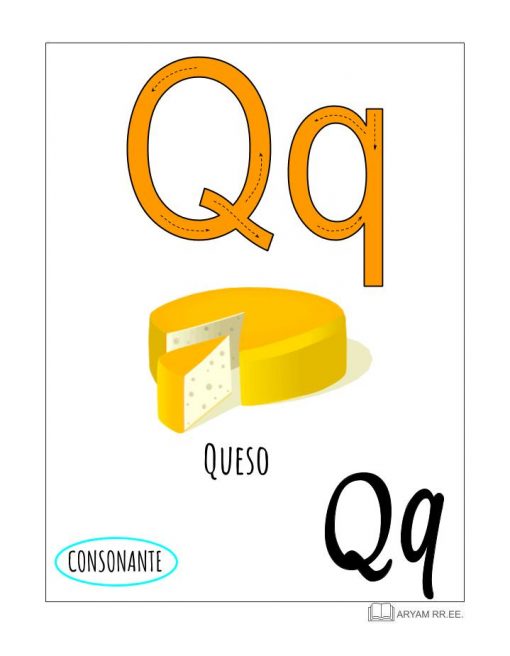 Afiche educativo que muestra la letra "Q" en mayúsculas y minúsculas con la palabra española "Queso" y un bloque de queso ilustrado. Una etiqueta dice "Aprendo el Abecedario. Ilustrado" en la parte inferior.