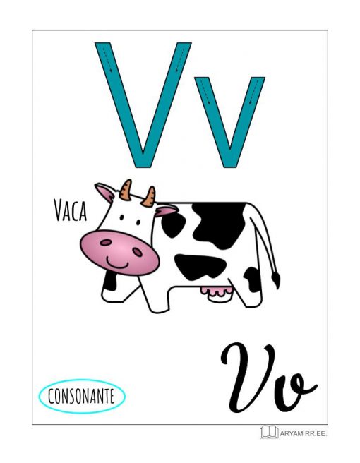 Póster educativo con la letra 'V' asociada a la palabra "Vaca". Incluye una imagen de una vaca en blanco y negro, V mayúsculas y minúsculas, y el producto "Aprendo el Abecedario. Ilustrado" en la parte inferior.