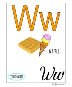 Tarjeta educativa con la letra 'W' en mayúsculas y minúsculas con una ilustración de un cono de gofre con tres bolas de helado, con la etiqueta 