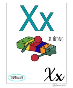 Afiche educativo que ilustra la letra 'X' del Aprendo el Abecedario. Ilustrado, con una 'X' grande y pequeña en la parte superior, una imagen de un xilófono colorido (etiquetado 