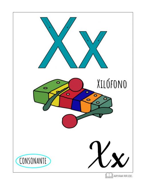 Afiche educativo que ilustra la letra 'X' del Aprendo el Abecedario. Ilustrado, con una 'X' grande y pequeña en la parte superior, una imagen de un xilófono colorido (etiquetado "Xilófono" en español) y la palabra "CONSONANTE" en la parte inferior.