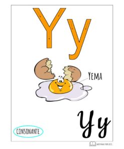 Un colorido cartel educativo de Aprendo el Abecedario que muestra la letra 'Y' con una representación de un huevo partido con la etiqueta 