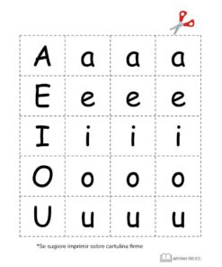 Aprendo el Abecedario. Hoja de abecedario educativo en lenguaje ilustrado que presenta vocales mayúsculas y minúsculas (A, E, I, O, U) dispuestas en forma de cuadrícula, con líneas de puntos para cortar en tarjetas y un ícono de tijera en la parte superior derecha.