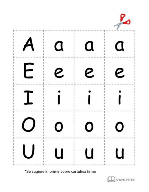 Aprendo el Abecedario. Hoja de abecedario educativo en lenguaje ilustrado que presenta vocales mayúsculas y minúsculas (A, E, I, O, U) dispuestas en forma de cuadrícula, con líneas de puntos para cortar en tarjetas y un ícono de tijera en la parte superior derecha.