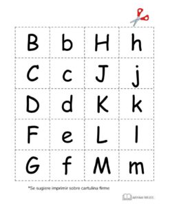 Imprimible Aprendo el Abecedario. Hoja de trabajo ilustrada con tarjetas recortables de letras mayúsculas y minúsculas B a M, con líneas punteadas y un ícono de tijeras que indica dónde cortar.