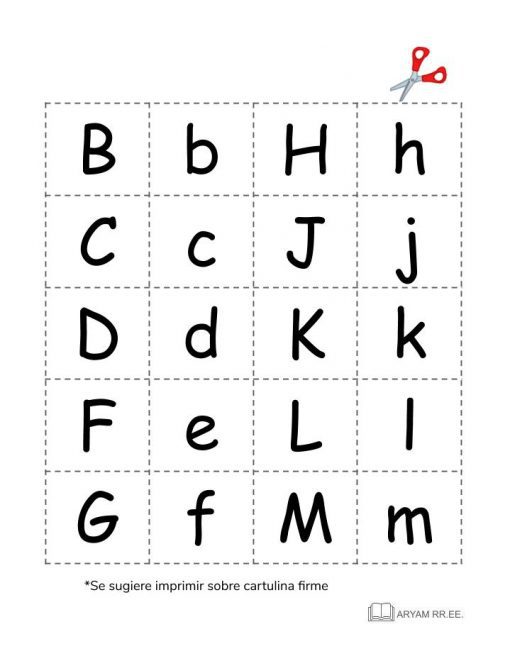 Imprimible Aprendo el Abecedario. Hoja de trabajo ilustrada con tarjetas recortables de letras mayúsculas y minúsculas B a M, con líneas punteadas y un ícono de tijeras que indica dónde cortar.