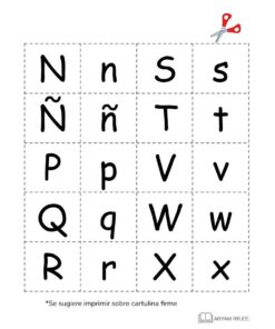 Aprendo el Abecedario. Ilustrado que muestra las letras mayúsculas y minúsculas de la N a la X del abecedario, cada una en cuadrados separados con líneas discontinuas para cortar, con un ícono de tijeras que indica una línea de corte.