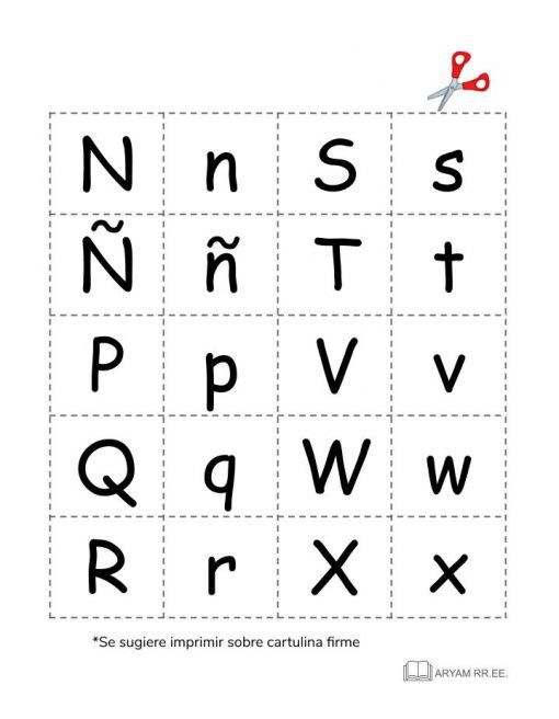 Aprendo el Abecedario. Ilustrado que muestra las letras mayúsculas y minúsculas de la N a la X del abecedario, cada una en cuadrados separados con líneas discontinuas para cortar, con un ícono de tijeras que indica una línea de corte.