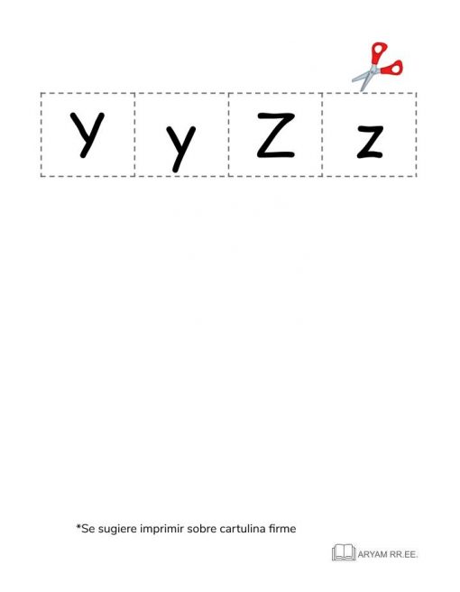 Aprendo el Abecedario. Ilustrado con líneas de puntos para cortar, presenta las letras de abecedario "Y" y "Z" repetidas dentro de cuadrados discontinuos. Un icono de tijeras rojas indica la línea de corte. El texto a continuación sugiere imprimir en cartulina resistente.