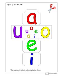 Un cuadro educativo que presenta el Aprendo el Abecedario. Vocales ilustradas (a, e, i, o, u) en diferentes colores con un contorno recortante para crear una actividad plegable, incluye icono de tijeras y una nota que sugiere imprimir en cartulina firme.