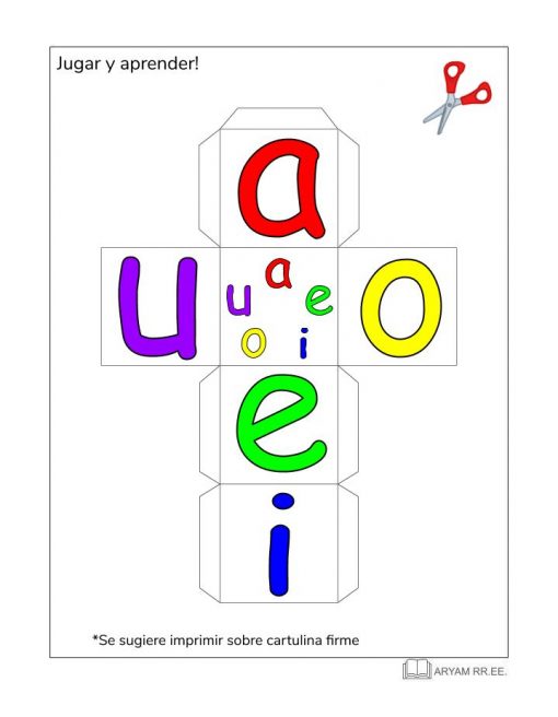 Un cuadro educativo que presenta el Aprendo el Abecedario. Vocales ilustradas (a, e, i, o, u) en diferentes colores con un contorno recortante para crear una actividad plegable, incluye icono de tijeras y una nota que sugiere imprimir en cartulina firme.