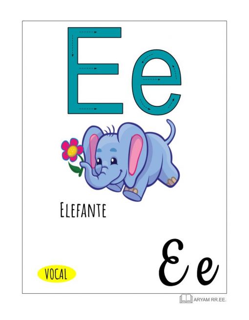 Un colorido educativo Aprendo el Abecedario. Ilustración ilustrada con la letra "E" de "Elefante". Presenta un alegre elefante de dibujos animados sosteniendo una flor, con la "E" mayúscula y la "e" minúscula en un lugar destacado.