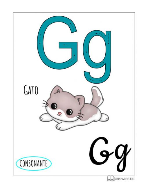 Una tarjeta didáctica del Aprendo el Abecedario. Ilustrado que presenta la letra "G" tanto en mayúscula como en minúscula, etiquetada "CONSONANTE", con la palabra "GATO" y una ilustración de un lindo gatito acostado.