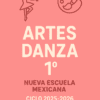 Portada rosa con iconos de baile y paleta de pintura. Texto grande: "ARTES DANZA 1º NUEVA ESCUELA MEXICANA CICLO 2025-2026.
