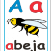 Una tarjeta didáctica educativa que presenta la 'a' mayúscula, la 'a' minúscula y la palabra 'abeja' en letras minúsculas, junto con una imagen colorida de una abeja.
abecedario