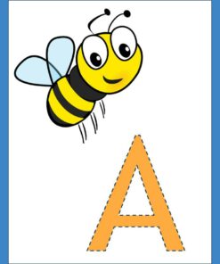 Ilustración de dibujos animados de una alegre abeja con alas azules volando sobre una gran letra naranja 'A' del Abecedario ABC sobre un fondo azul claro.