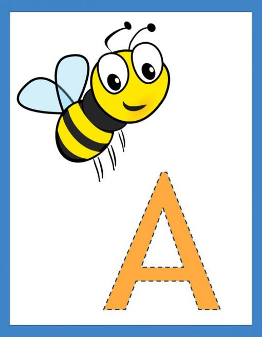 Ilustración de dibujos animados de una alegre abeja con alas azules volando sobre una gran letra naranja 'A' del Abecedario ABC sobre un fondo azul claro.