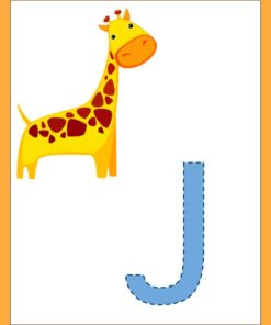 Ilustración de una jirafa de dibujos animados junto al Abecedario ABC, ambos sobre un fondo amarillo pálido. La jirafa está erguida y sonriente, y la letra es azul.