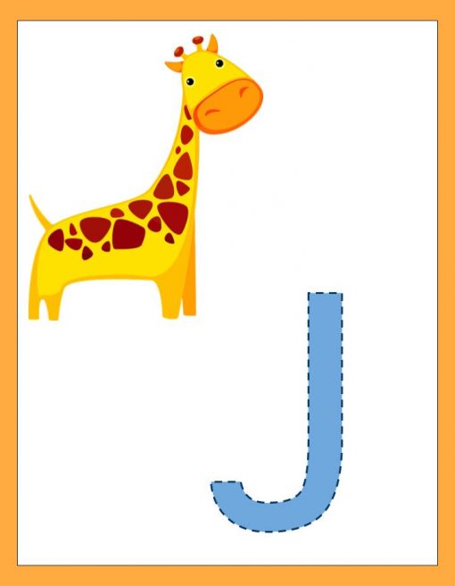 Ilustración de una jirafa de dibujos animados junto al Abecedario ABC, ambos sobre un fondo amarillo pálido. La jirafa está erguida y sonriente, y la letra es azul.