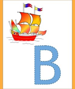 Una colorida ilustración del Abecedario ABC de un barco con velas rojas y amarillas en el mar, ondeando banderas de colores, junto a una gran letra 
