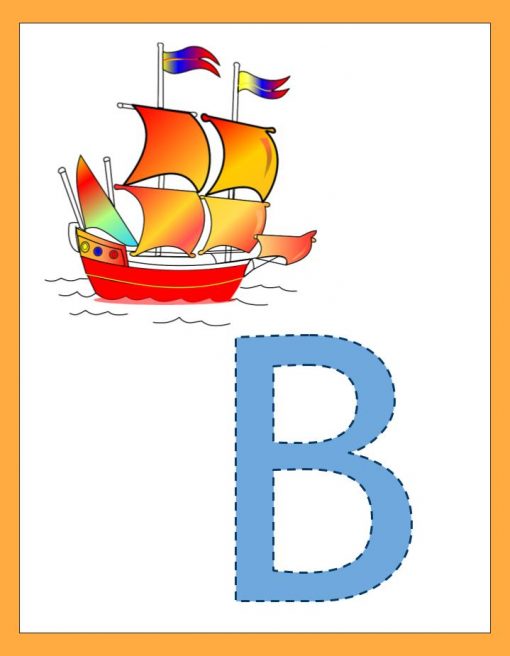 Una colorida ilustración del Abecedario ABC de un barco con velas rojas y amarillas en el mar, ondeando banderas de colores, junto a una gran letra "b" con un contorno de puntos.